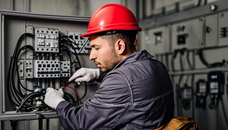 Quadro de disjuntores com profissional diagnosticando problema elétrico