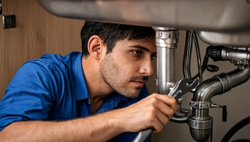 Profissional detectando vazamento oculto na parede com equipamento